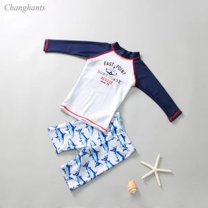 set 29 Years Boys Two Pieces Swimwear Blue White Sharks Baby Swimsuit with Swim Cap Kids Long Sleeve Rash Guard Child Surfing Suit