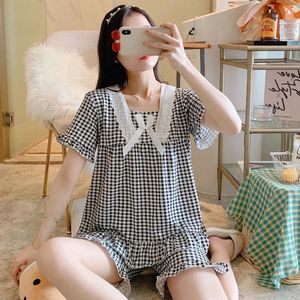 Röcke Korean Plaid Print Pamas Set für Frauen Sommer Schöne Knopf Lace Girls Nachtwäsche Lose lässig Kurzarm Top und Shorts Hose