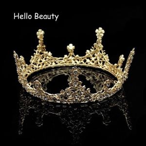 Gold Color Baroque Vintage Men Diadem Large Crystal Full Round Prom King Crown Wedding Pageant Queen Tiara Bridal Hair Jewelry Y19277S