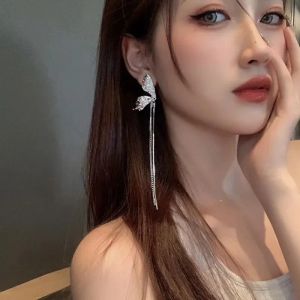 Punk Butterfly Wings Tassel 14K White Gold Earrings Trend Personalized Exaggerate Korean Female Long Chain Earrings Jewelry