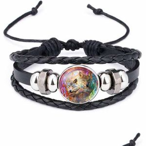 Charm Bracelets Update Moon Wolf Handmade Glass Cabochon Woven Leather Bracelet Bangles Mens Black Punk Animal Hip Hop Jewelry Drop Dhrj6