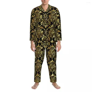 Homens sleepwear damask floral pijama homens preto e ouro adorável sleep nightwear outono 2 peça casual oversize design conjunto