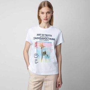 23 Summer New French Niche Zadig Voltaire2024 Coconut Tree Landscape White Ink Digital Printing Hot Diamond Cotton Women's Short Sleeve T-shirt