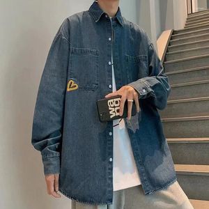 Men's Casual Shirts Rocking K Long Sleeved Shirt Korean Version Loose Love Embroidery Denim Autumn Fashion Brand Ruffian Handsome Coat