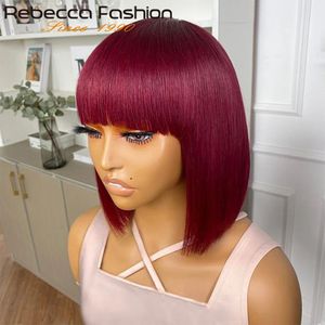 99J Colored Short 180D Straight Brazilian Human Hair Bob Wigs with Bangs Remy Full Machine Made for Women Hightlight Burgundy 231229