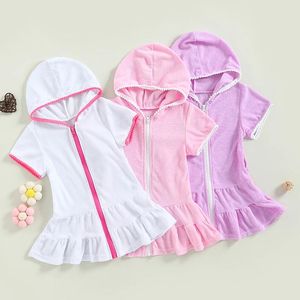 Wear Focusnorm 211y Toddler Kids Girls Swimwear Cover Up Dress Short Sleeve Zip Up Ruffles Solid Beach Dress for Kids