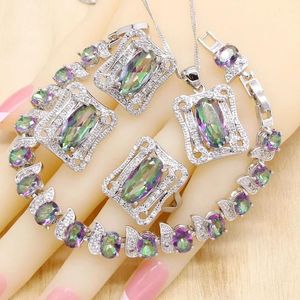 Chokers Rainbow Zirconia Sier Color Wedding Jewelry Sets for Women Bracelet Earrings Necklace Pendant Ring Birthday Gift