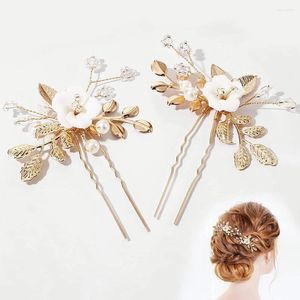 Hair Clips 2pcs Floral Hairpin Pearl U-shaped For Women Golden Leaves Fork Fashion Girls Wedding Bride Jewelry