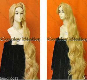 Peruker 100% helt ny högkvalitativ modebild full spets wigs150 cm varm sälj om cosplay rapunzel anpassad stil gyllene blondt länge