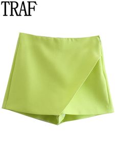 Skirts Traf 2022 Green Shorts Women High Waist Casual Shorts Woman Fashion Asymmetric Skort Summer Skirt Shorts Streetwear Short Pants