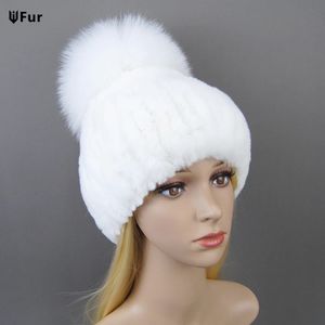 Kvinnors riktiga rex kanin päls hatt kvinnors solida färg beanie med stor räv hår boll pompom casual flicka söt varm hatt 231229