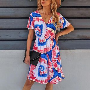 Abiti casual Gaovot Moda Tie-dye Stampa Abito estivo da donna Scollo a V Manica svasata Vita alta A-line Beach Party Elegante Donna