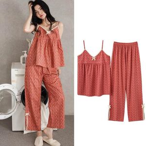 Jaquetas fdfklak sexy sleepwear conjunto feminino verão pamas suspensórios finos v pescoço camisa calça terno pequeno floral modal casa roupas m3xl