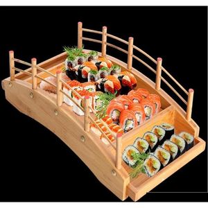 Strumenti Nuovi Cucina in legno giapponese Cucina Sushi Bridge Boat Pine Creative Sushi Sashimi Piatti piatti Table Table Decoration Ornament Hasia