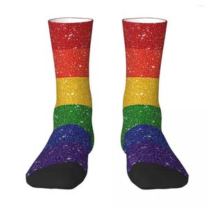 Men's Socks All Seasons Crew Stockings Faux Glitter LGBTQ Pride Rainbow Flag Background Long Accessories For Men Women Gifts