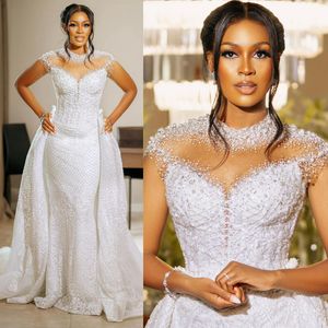 Suknie ślubne ASO EBI Sheer szyi iluzja Krótkie rękawy Tiulowe sukienki ślubne koronkowe dla afrykańskiej czarnej kobiety Sukienka Małżeńska Suknia małżeńska z odłączonym pociągiem D100