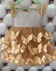 Mädchenkleider Champagner Tüll 3D Schmetterlinge Baby Geburtstagskleid mit Perlen O-Ausschnitt Prinzessin Blume Kind Tutu Outfit Größe 12M