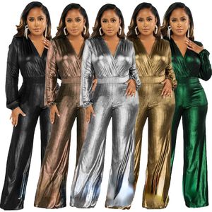 European and American hot sexy V-neck high-stretch bronzing silver women's jumpsuit women