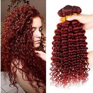 Extensions #99J Bourgogne Deep Curly med stängning 9A Brasilianska jungfruliga hårförlängningar Brasilianska vävbuntar vin röd djup lockig hår våg hu