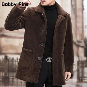 Warm Overcoat Long Sleeve Faux Leather Coat Winter Luxury Business Casual Mens Fur Jacket Single Breasted DoubleSided 231229
