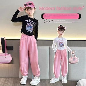 Clothing Sets Girls Autumn Set Round Neck Long Sleeved Car T-shirt And Pink Wide Leg Pants Kids Clothes Combination For 4-14 Old Year