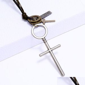 Hänge halsband enkla Jesus Cross Halsband ring id charm justerbar kedja läder för kvinnor män punk mode smycken gåva drop de dhtgo