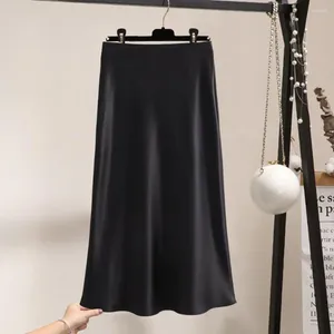 Skirts Solid Color Design Skirt Elegant High Waist Satin Maxi For Women A-line Slim Fit Formal Party Prom With Soft