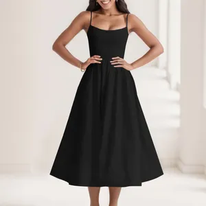 Casual Dresses Women Black A-Line Midi Dress Evening Party Summer Strap Elegant Solid Sleeveless 2023 Female Robe