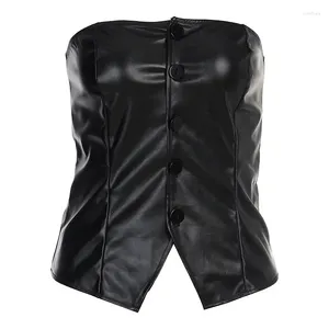 Kvinntankar 2023 Black PU Leather Single Breasted Slim Sexy Tank Top for Women Fashion Streetwear Off Shoule Bralette Mujer