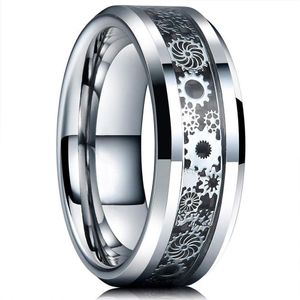 Roda de engrenagem cor prata vintage anéis masculinos de aço inoxidável dragão celta preto anel de fibra de carbono incrustado masculino casamento band307p