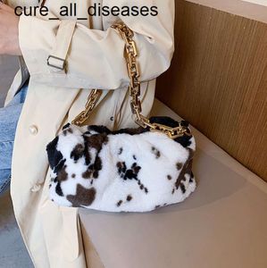 Handbags Cow Pattern Soft Faux Fur Small Shoulder Bags for Women 2024Winter Womens Desinger Luxury Branded Chain Hand