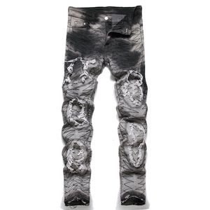 Grå rippade lappar herrskinniga jeans våren smala fit stretch mid-midig byxor höst mode broderi streetwear