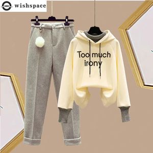 Autumn Winter Korean Sports Hoodie Flocked Woolen Pants Two Piece Elegant Womens Set Student Suit 231229