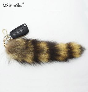 Natural Raccoon Fur Tail Keychain America Raccoon Fur Tail Natural Color Fullly Pompom Keychain Bag Charm Fox Fur Tail charm2820701