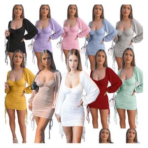 Basic Casual Dresses Square Collar Bandage Dress Women Solid Pleated Lantern Sleeve Wrap Chest Ruched Bodycon Mini Autumn Drop Del Dhqap