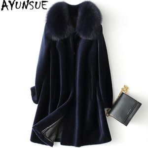 Jaquetas ayunsue real ovelha de pêlo de pêlo de pêlo de inverno gola feminina gola de pele raposa 100% lã casaco feminino coreano long jackets colethes my