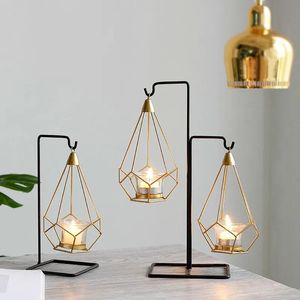 Holders Nordic Style Gold Geometric Candle Metal Tealight Candle Stand Holder with Wrought Iron Hanging Rack Decoration Home Craft Y200110