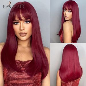 Парики EASIHAIR Длинные прямые винно-красные бордовые синтетические парики с челкой для женщин Повседневный косплей Парик из натуральных волос термостойкий