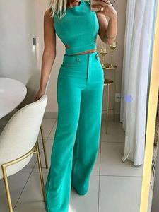 Pantaloni a due pezzi da donna Pantaloni eleganti da donna solidi Set senza maniche O-collo Slim Vita nuda Top Abito a gamba larga Chic Office Lady Clothing