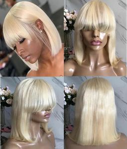 Peruklar kısa bob kesim dantel ön peruk Bang 613 sarışın renk Brezilya bakire insan saçı siyah kadın için tam dantel peruk ücretsiz kargo