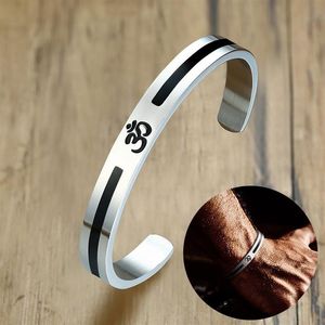 Pulseira masculina om ohm aum hindu índia para homens mulheres pulseira de aço inoxidável em tom prateado yoga inspirado meditar joias335q