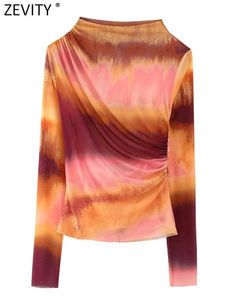 T-shirt Zevity Women Fashion Color Matching Tie Dye Printing Mesh SMOCK BLOUSE Female Gleats Design Slim Shirt Blusas Chic Tops LS3788