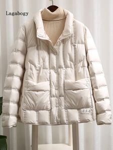 Lagabogy inverno feminino 90% pato branco para baixo casaco casual luz puffer jaqueta feminina curto único breasted quente parkers 231229