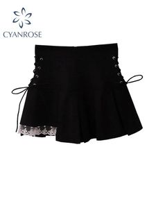 Klänningar kvinnors aline kjolar bandage spets lapptäcke kawaii lolita mini kjol koreansk gotisk svart hög midja y2k harajuku vintage kjol