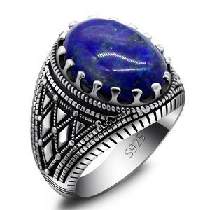 Elmaslar Türk Yüzüğü Erkekler için Sterling Sier Vintage Lapis Lazuli Stone Stripe Halkalarla Sier İnce Takı Erkek Koca Hediye