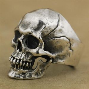 Anéis de caveira com divisão de rachaduras exclusivos, masculino, satanás, demon, feito à mão, punk escuro, anel dominador, prata, punk, motociclista, joalheria326b