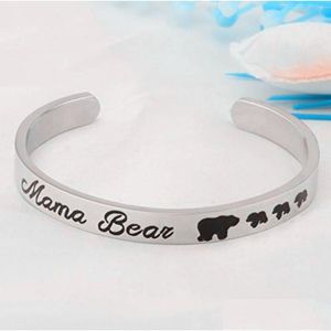 Brazalete de acero inoxidable Mama Bear Pulsera Black Animal Bears Cub Pulseras Pulsera Brazalete para mujeres Niños Joyería de moda Madres Dhpxn