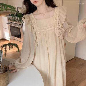 Vestidos casuais renda camisola sleepwear mulheres coreano babados vestido de noite uma peça pijama outono manga longa gola quadrada casa desgaste