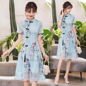 Etniska kläder 2023 Kinesisk vintage klänning Förbättrad Cheongsam National Flower Print Chiffon A-Line Qipao Oriental Banquet Evening Vestido