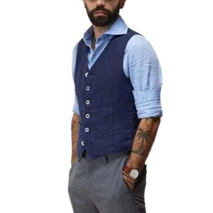 Gilet Gilet di lino in cotone blu navy per uomo Gilet con scollo a V Giacca Gilet casual Matrimonio Groosmen Abbigliamento da sposo maschile Gilet uomo